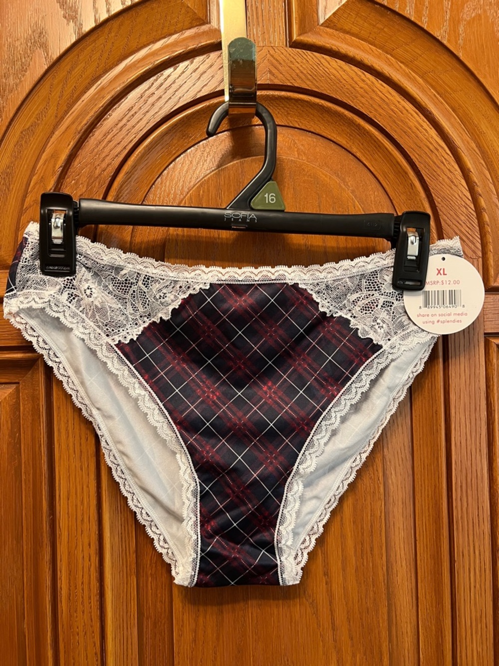 Women’s Plaid Lace Trim Bikini Panty - Navy & White